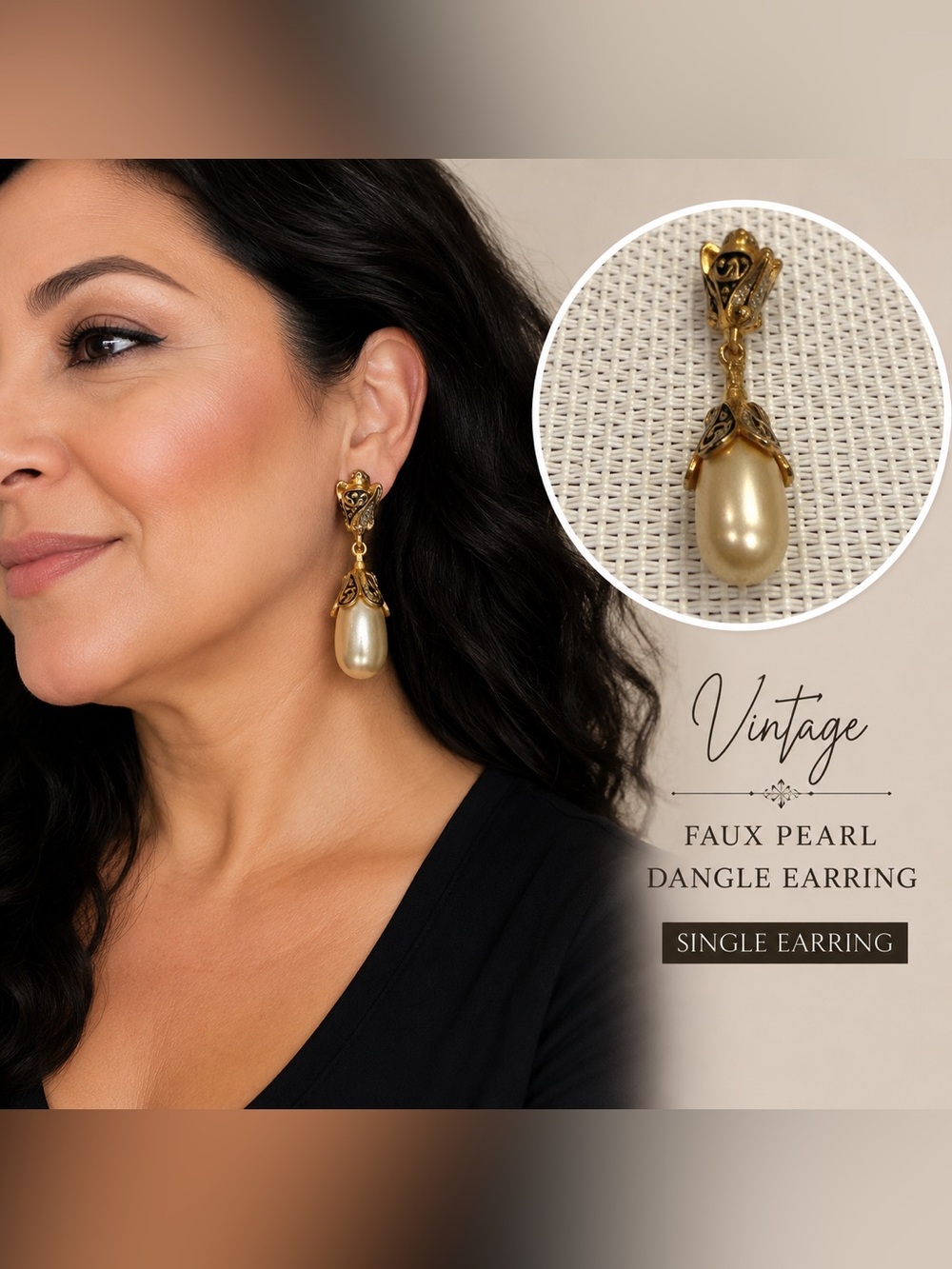 Vintage Signed AMY Faux Pearl Gold Tone Enamel Single Dangle Earring